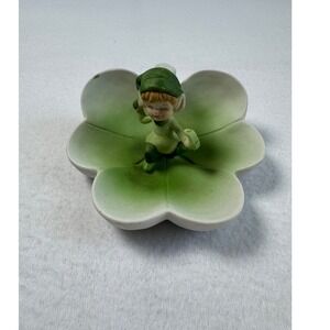 Vintage Brinn's Pixie Elf Flower Trinket Dish Green Porcelain Figurine Taiwan